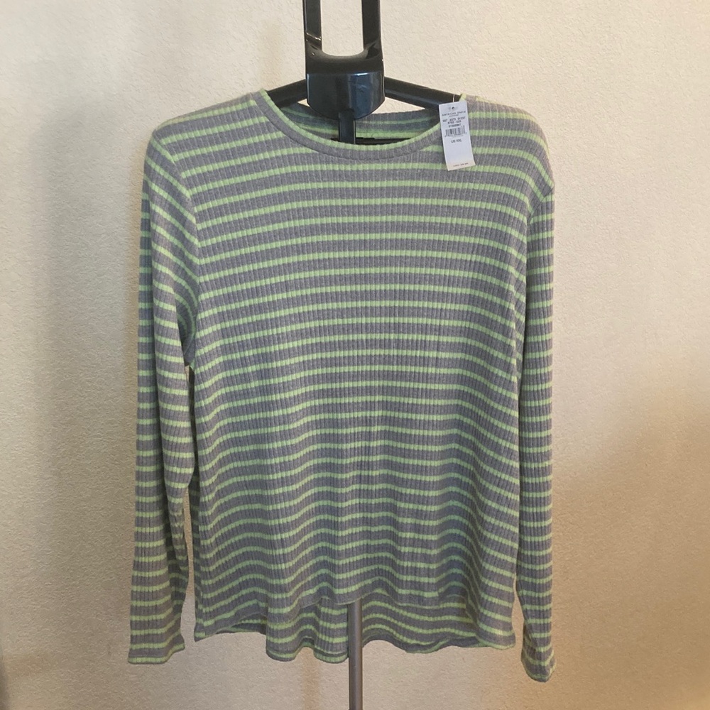 American Eagle Outfitters Neon Green and Gray Striped Top